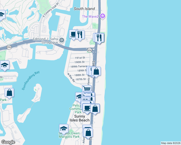 map of restaurants, bars, coffee shops, grocery stores, and more near in Sunny Isles Beach