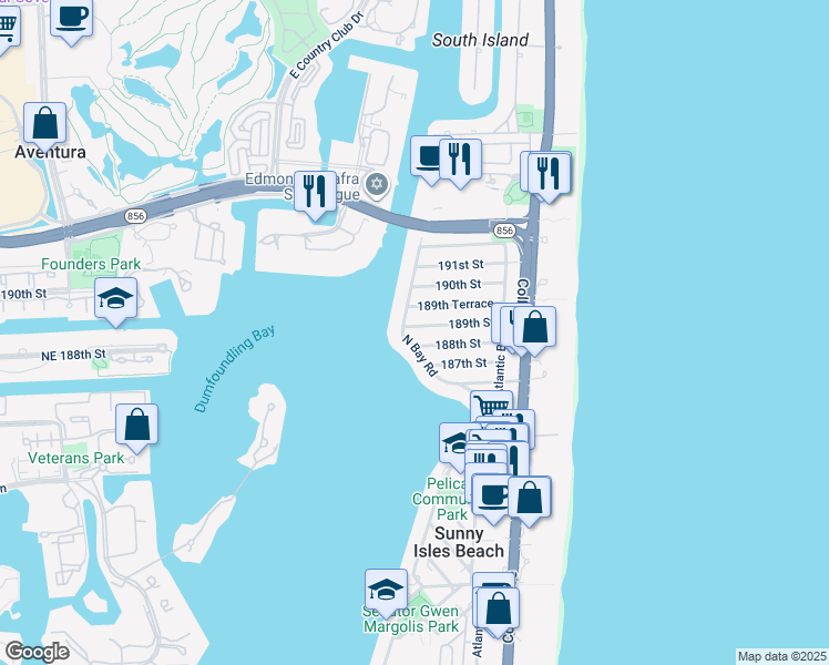 map of restaurants, bars, coffee shops, grocery stores, and more near 18800 North Bay Road in Sunny Isles Beach