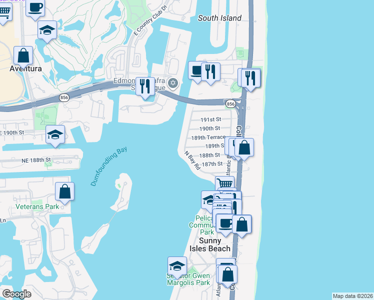 map of restaurants, bars, coffee shops, grocery stores, and more near 18800 North Bay Road in Sunny Isles Beach