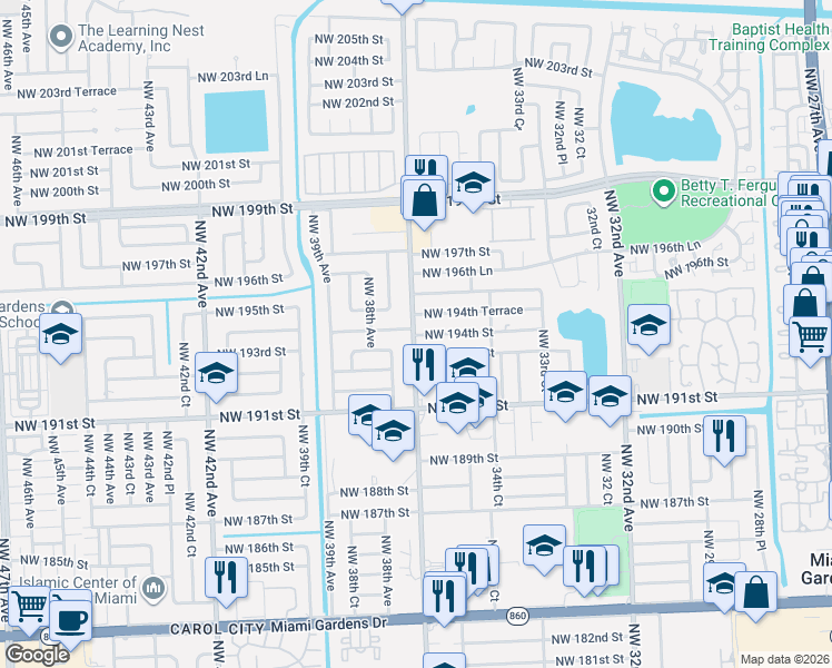 map of restaurants, bars, coffee shops, grocery stores, and more near in Miami Gardens