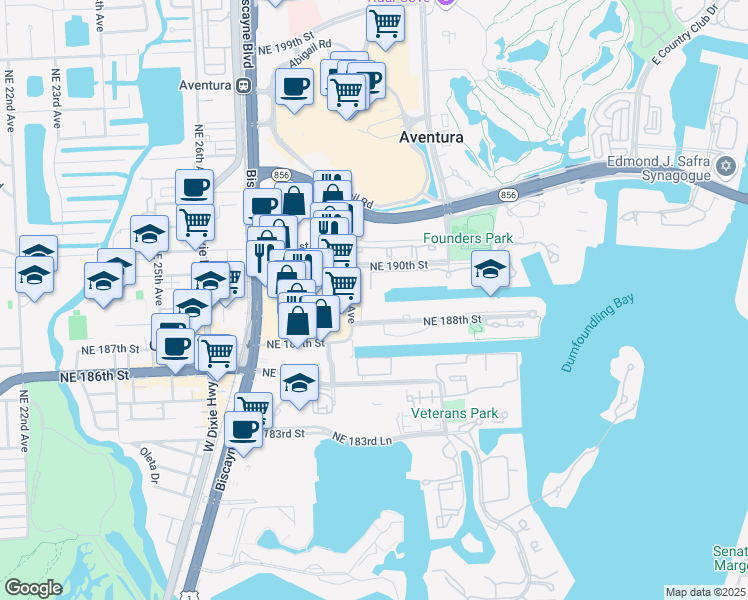map of restaurants, bars, coffee shops, grocery stores, and more near 18851 Northeast 29th Avenue in Aventura