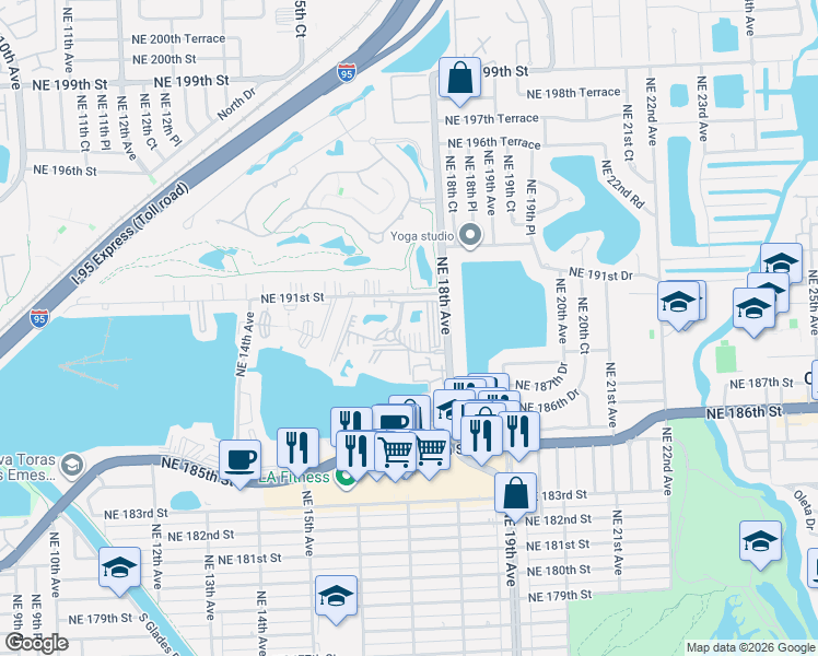 map of restaurants, bars, coffee shops, grocery stores, and more near 1700 Northeast 191st Street in North Miami Beach
