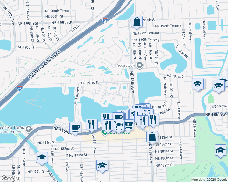map of restaurants, bars, coffee shops, grocery stores, and more near 1700 Northeast 191st Street in North Miami Beach