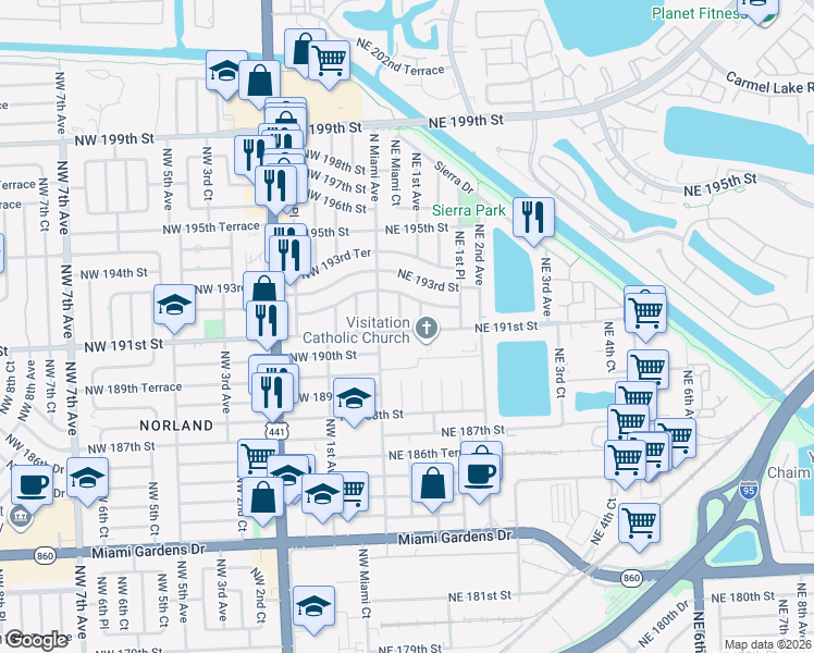 map of restaurants, bars, coffee shops, grocery stores, and more near 67 Northeast Miami Court in Miami