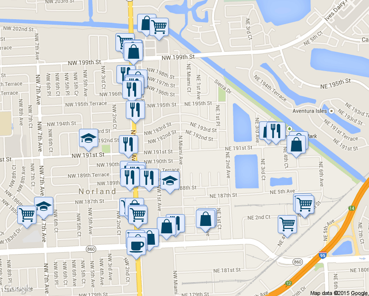 map of restaurants, bars, coffee shops, grocery stores, and more near 136 Northeast 191st Street in Miami