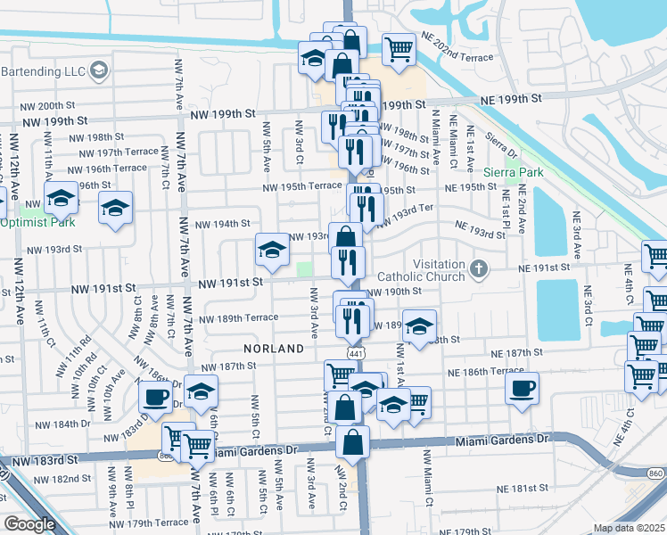 map of restaurants, bars, coffee shops, grocery stores, and more near 265 Northwest 191st Street in Miami
