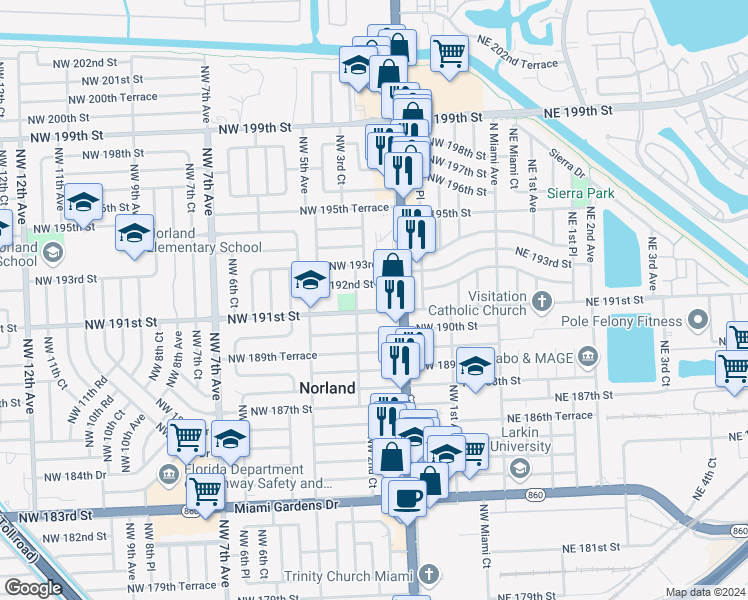 map of restaurants, bars, coffee shops, grocery stores, and more near 265 Northwest 191st Street in Miami