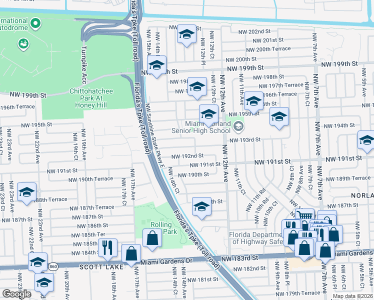 map of restaurants, bars, coffee shops, grocery stores, and more near 1345 Northwest 192nd Street in Miami