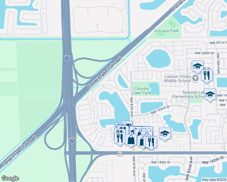 map of restaurants, bars, coffee shops, grocery stores, and more near 19470 Northwest 87th Place in Hialeah