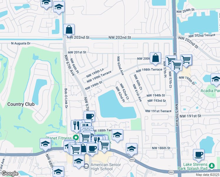 map of restaurants, bars, coffee shops, grocery stores, and more near 6340 Northwest 198th Terrace in Hialeah