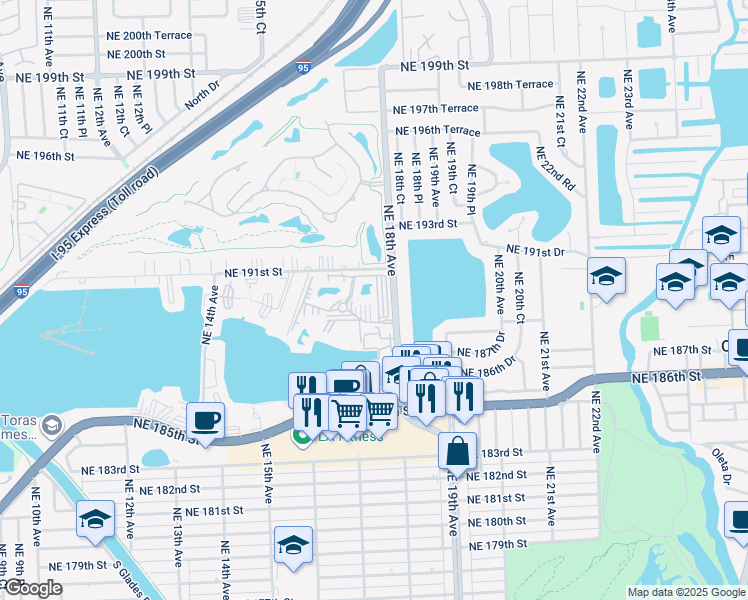 map of restaurants, bars, coffee shops, grocery stores, and more near 1780 Northeast 191st Street in North Miami Beach