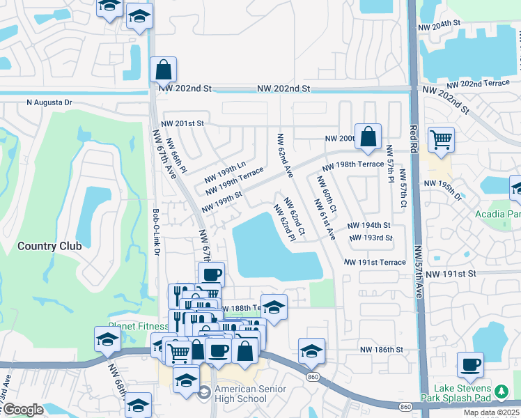 map of restaurants, bars, coffee shops, grocery stores, and more near 6340 Northwest 198th Terrace in Hialeah