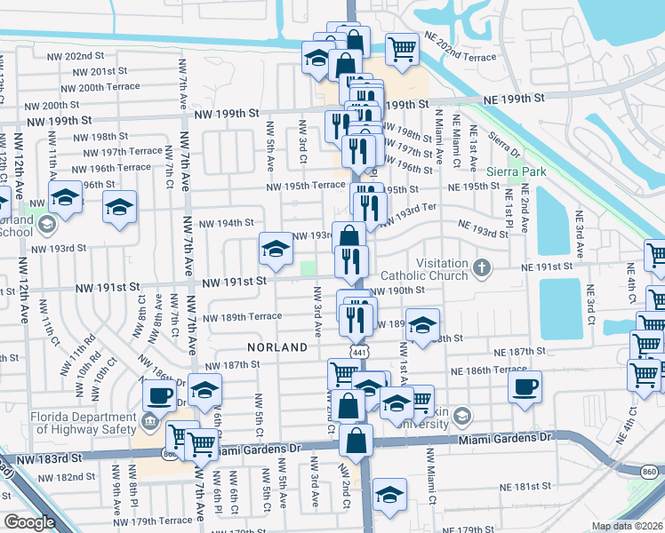 map of restaurants, bars, coffee shops, grocery stores, and more near 265 Northwest 191st Street in Miami