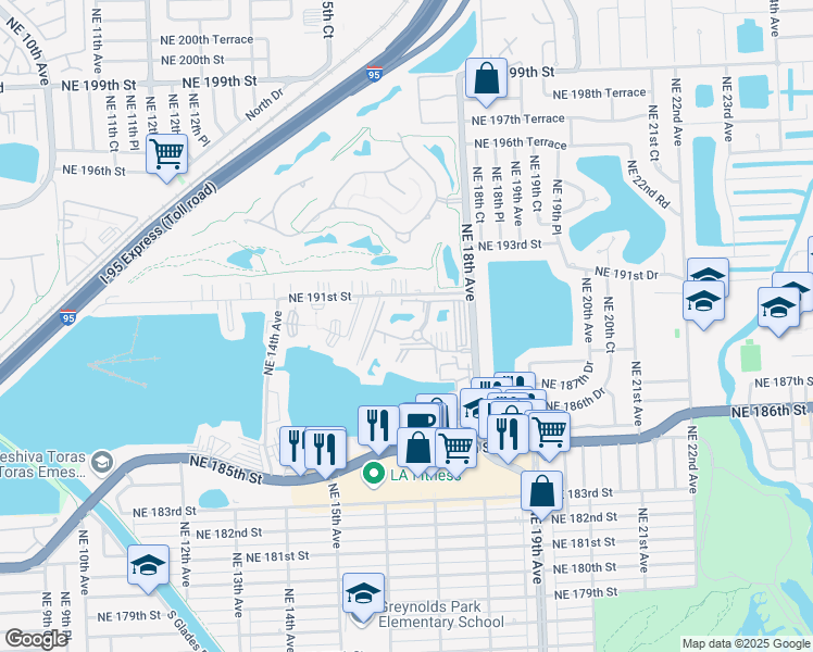 map of restaurants, bars, coffee shops, grocery stores, and more near 1700 Northeast 191st Street in North Miami Beach