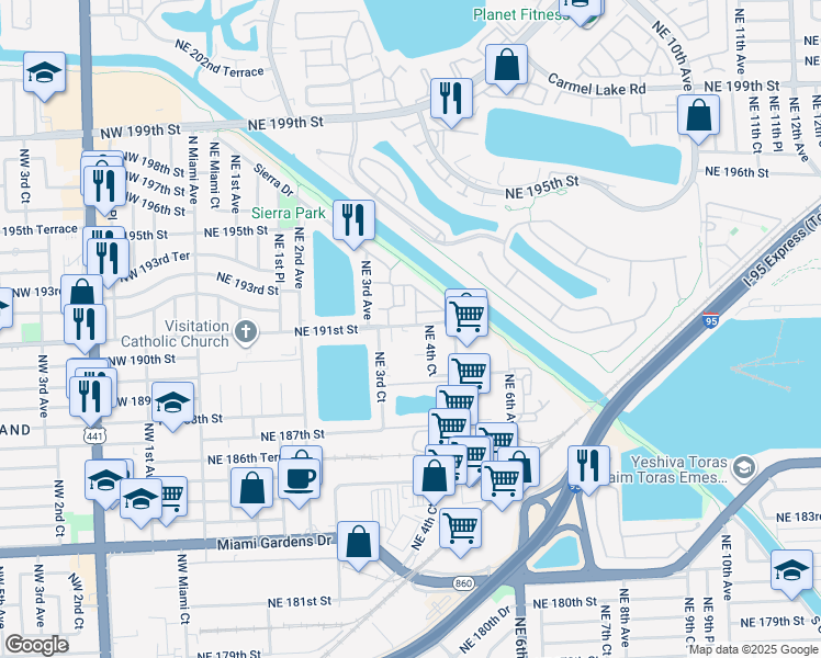 map of restaurants, bars, coffee shops, grocery stores, and more near in North Miami Beach