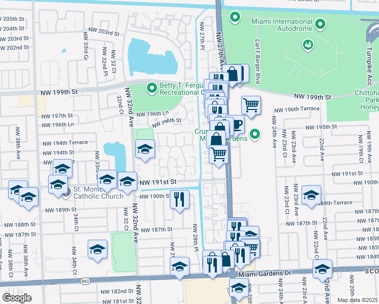 map of restaurants, bars, coffee shops, grocery stores, and more near 19303 Northwest 28th Court in Miami Gardens