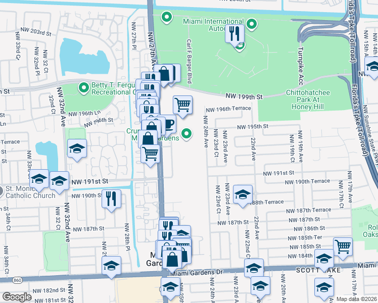 map of restaurants, bars, coffee shops, grocery stores, and more near 19245 Northwest 24th Avenue in Miami Gardens