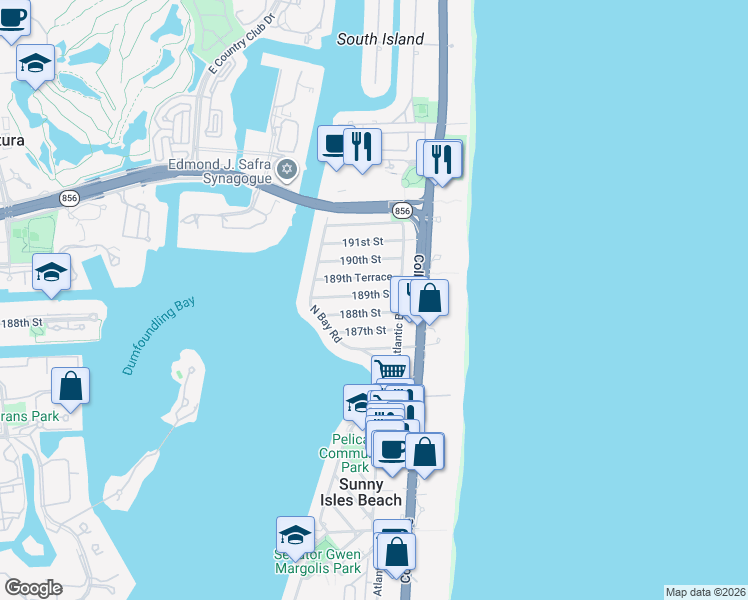 map of restaurants, bars, coffee shops, grocery stores, and more near 221 188th Street in Sunny Isles Beach