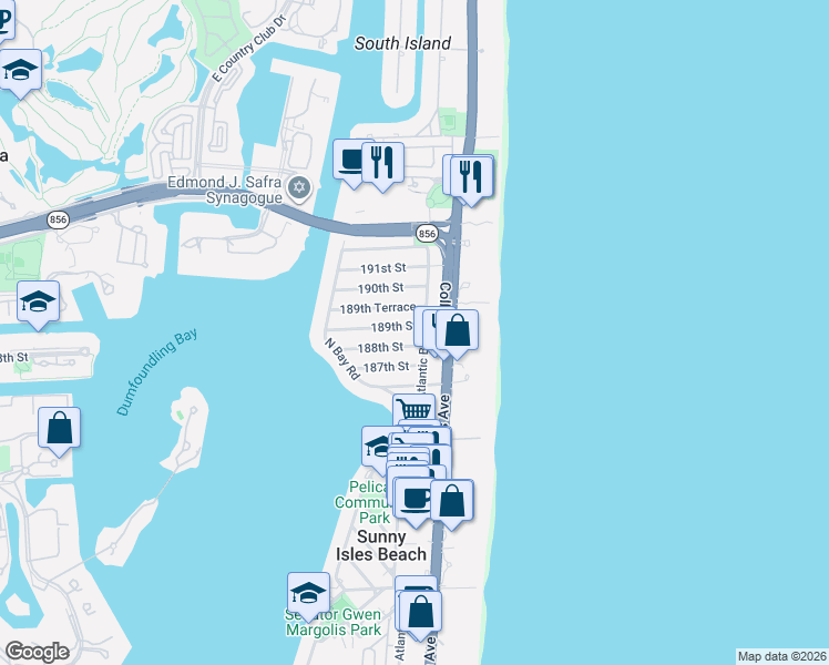 map of restaurants, bars, coffee shops, grocery stores, and more near 221 188th Street in Sunny Isles Beach