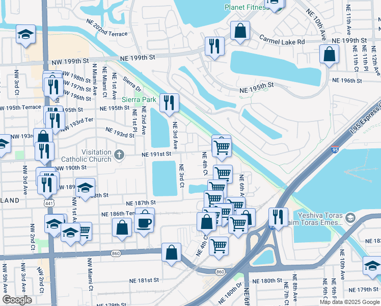 map of restaurants, bars, coffee shops, grocery stores, and more near in North Miami Beach