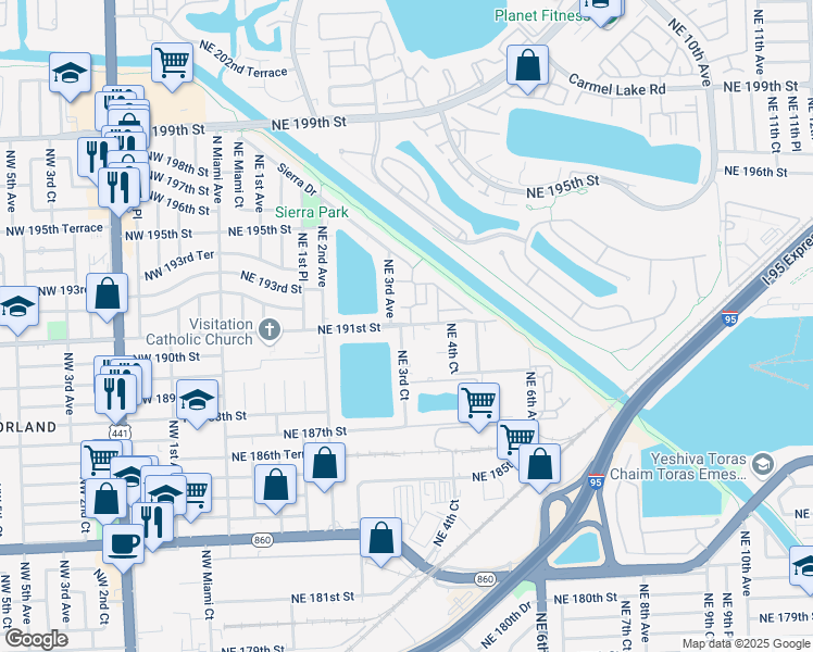 map of restaurants, bars, coffee shops, grocery stores, and more near 19080 Northeast 3rd Court in North Miami Beach