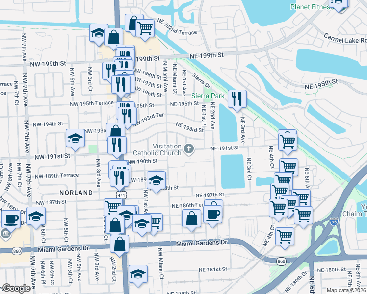 map of restaurants, bars, coffee shops, grocery stores, and more near 67 Northeast Miami Court in Miami