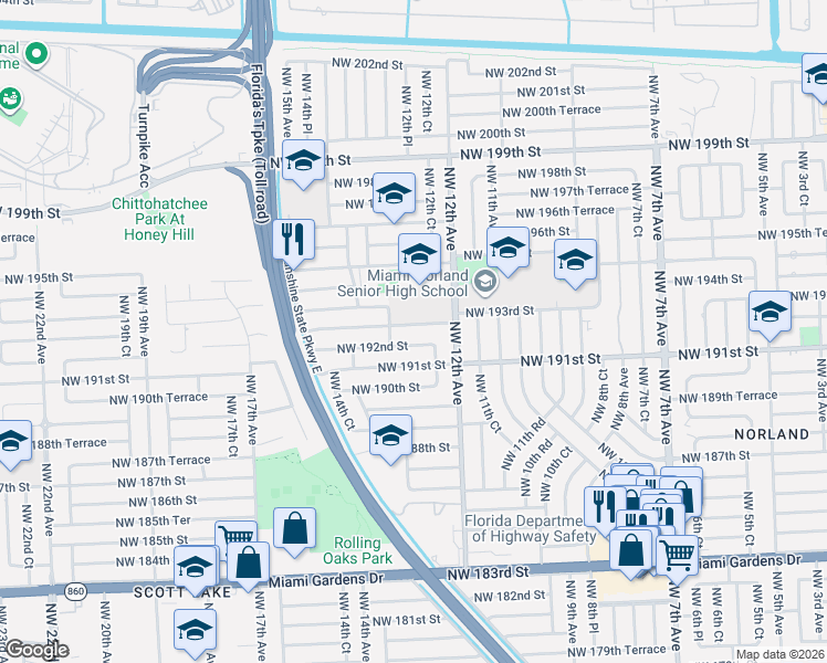 map of restaurants, bars, coffee shops, grocery stores, and more near 1245 Northwest 192nd Street in Miami