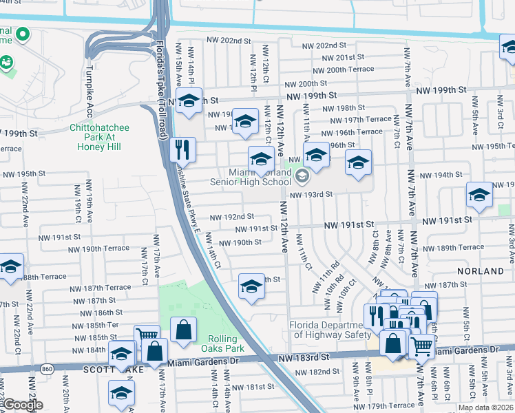 map of restaurants, bars, coffee shops, grocery stores, and more near 1245 Northwest 192nd Street in Miami