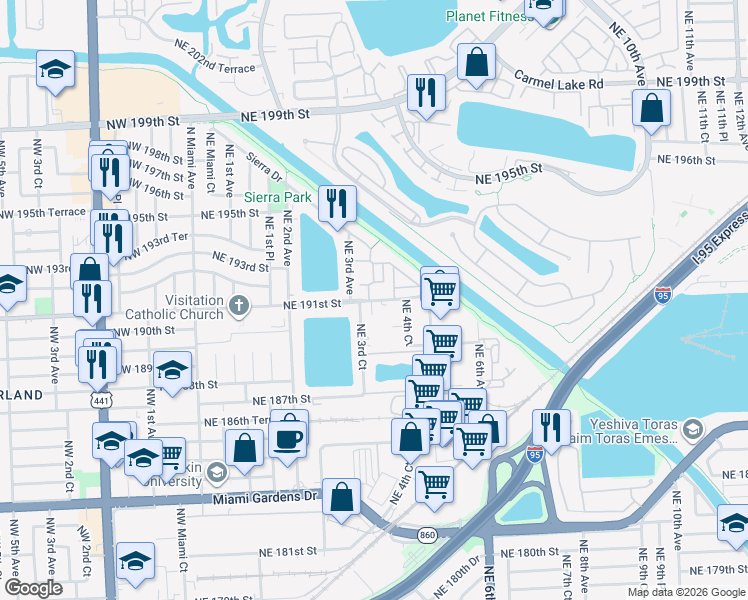 map of restaurants, bars, coffee shops, grocery stores, and more near in Miami Gardens