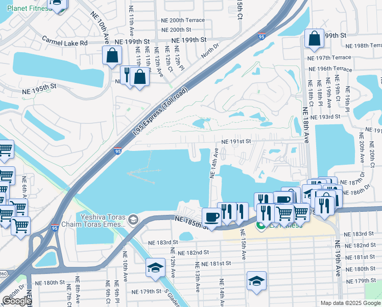map of restaurants, bars, coffee shops, grocery stores, and more near 1300 Northeast 191st Street in North Miami Beach