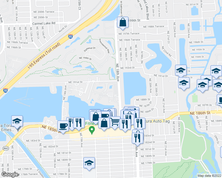 map of restaurants, bars, coffee shops, grocery stores, and more near 1780 Northeast 191st Street in North Miami Beach