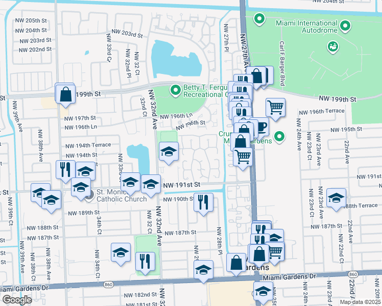 map of restaurants, bars, coffee shops, grocery stores, and more near 2983 Northwest 193rd Terrace in Miami Gardens