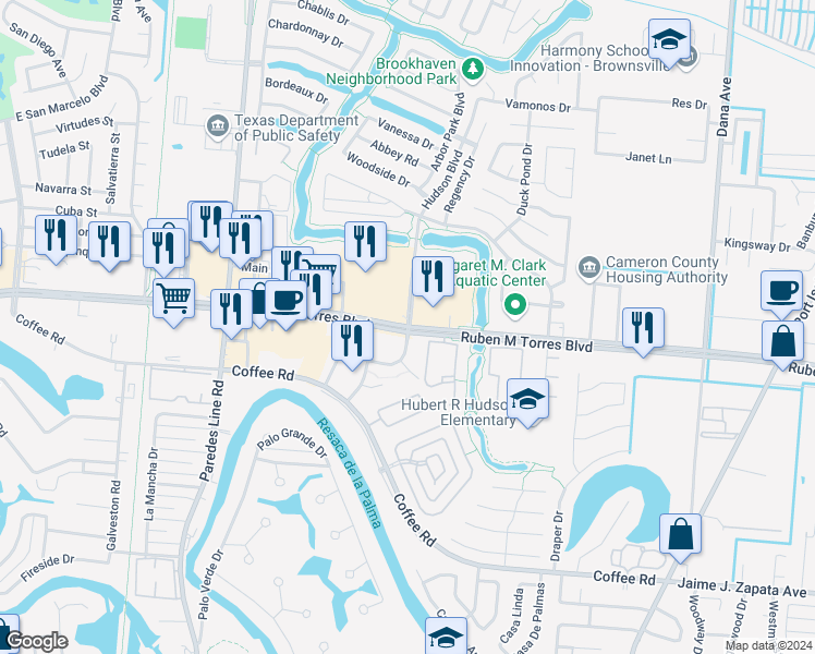 map of restaurants, bars, coffee shops, grocery stores, and more near 2013 Ruben M Torres Sr Boulevard in Brownsville
