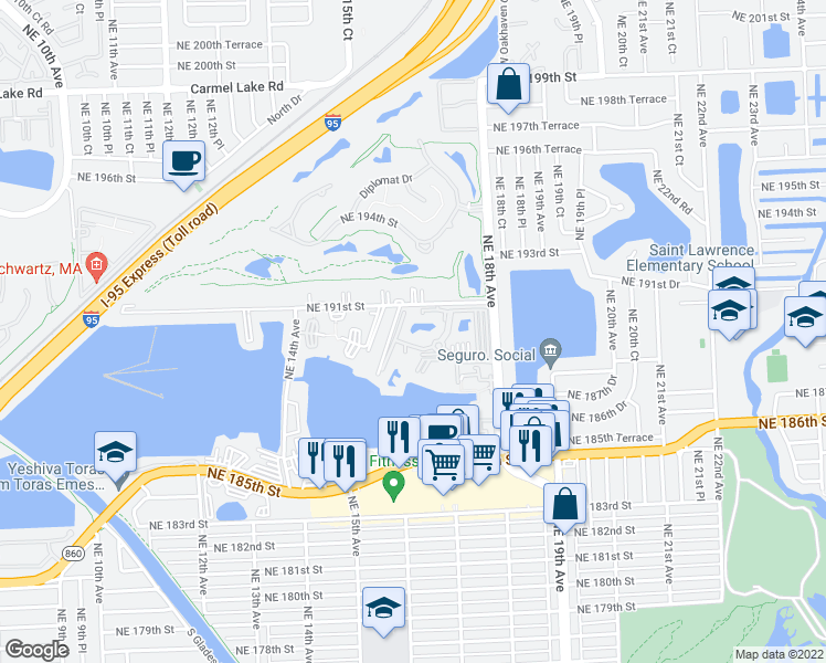 map of restaurants, bars, coffee shops, grocery stores, and more near 1690 Northeast 191st Street in North Miami Beach