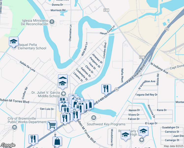 map of restaurants, bars, coffee shops, grocery stores, and more near 6107 China Street in Brownsville