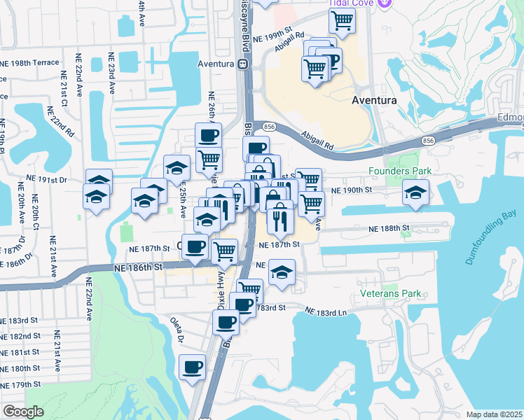 map of restaurants, bars, coffee shops, grocery stores, and more near 18999 Florida 5 in Aventura