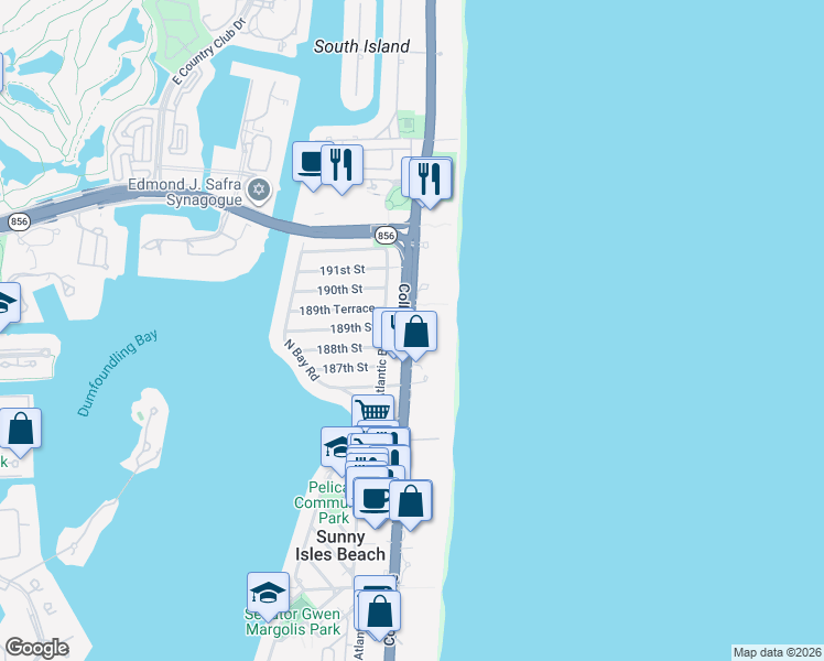 map of restaurants, bars, coffee shops, grocery stores, and more near in Sunny Isles Beach