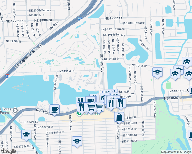 map of restaurants, bars, coffee shops, grocery stores, and more near 1780 Northeast 191st Street in North Miami Beach
