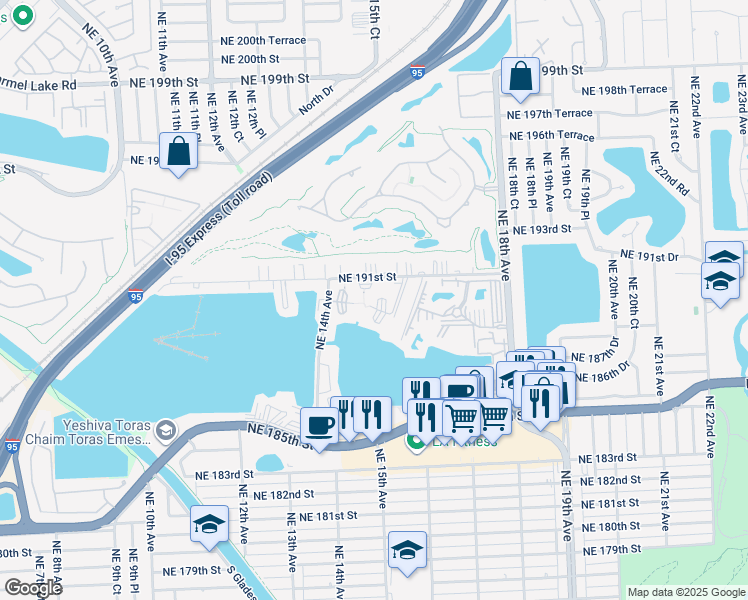 map of restaurants, bars, coffee shops, grocery stores, and more near 1540 Northeast 191st Street in Miami