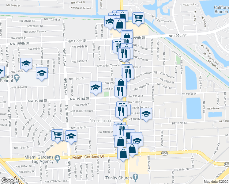 map of restaurants, bars, coffee shops, grocery stores, and more near 265 Northwest 191st Street in Miami