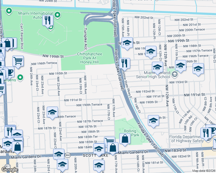 map of restaurants, bars, coffee shops, grocery stores, and more near 1723 Northwest 192nd Street in Miami Gardens