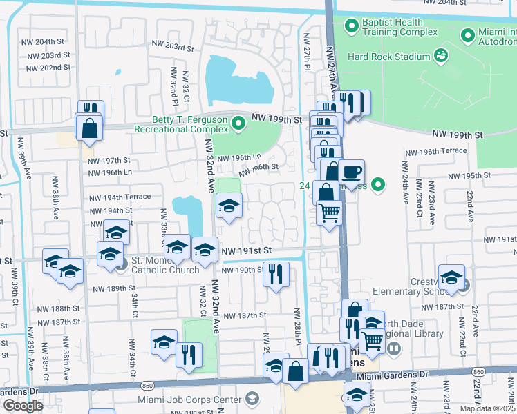 map of restaurants, bars, coffee shops, grocery stores, and more near 2983 Northwest 193rd Terrace in Miami Gardens