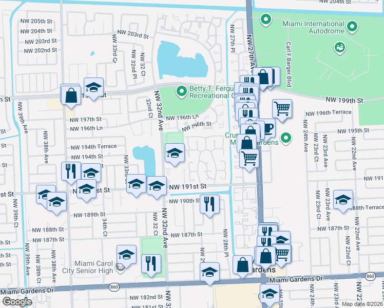map of restaurants, bars, coffee shops, grocery stores, and more near 2983 Northwest 193rd Terrace in Miami Gardens