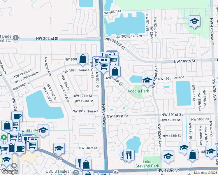 map of restaurants, bars, coffee shops, grocery stores, and more near 19412 Northwest 56th Place in Miami Gardens
