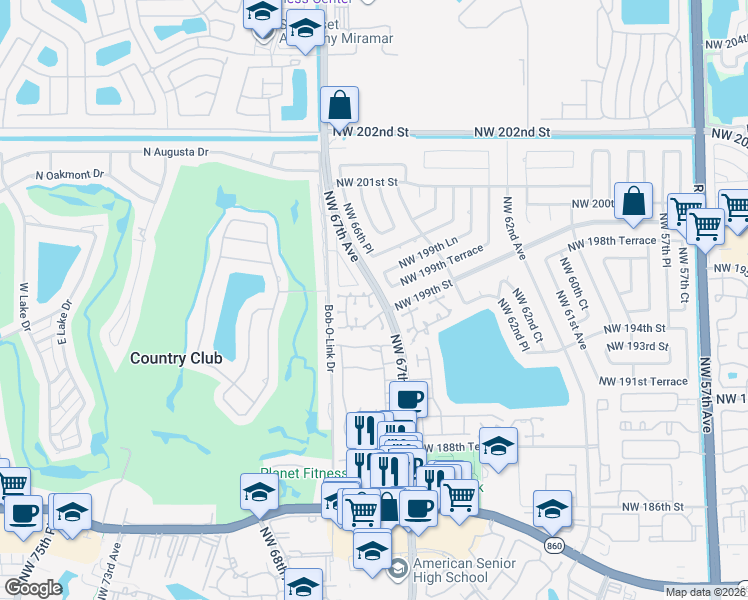 map of restaurants, bars, coffee shops, grocery stores, and more near 19902 Northwest 67th Court in Hialeah