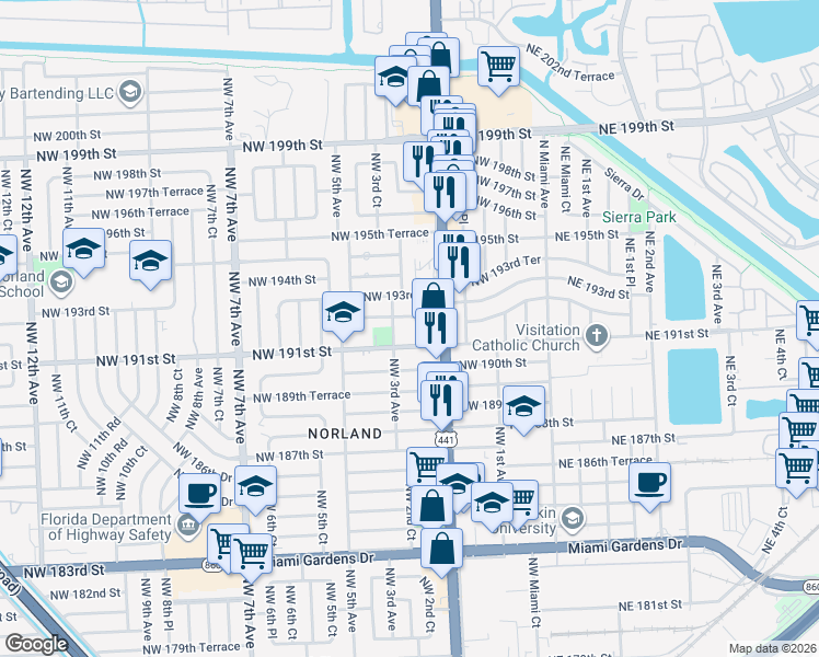 map of restaurants, bars, coffee shops, grocery stores, and more near 265 Northwest 191st Street in Miami