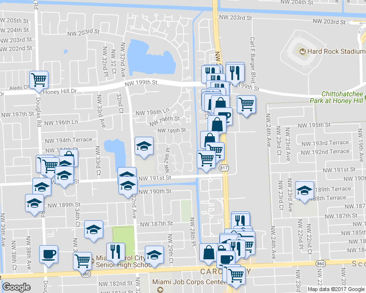 map of restaurants, bars, coffee shops, grocery stores, and more near 2911 Northwest 193rd Street in Miami Gardens