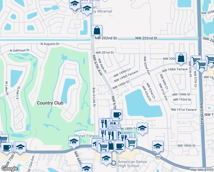 map of restaurants, bars, coffee shops, grocery stores, and more near 19902 Northwest 67th Court in Hialeah