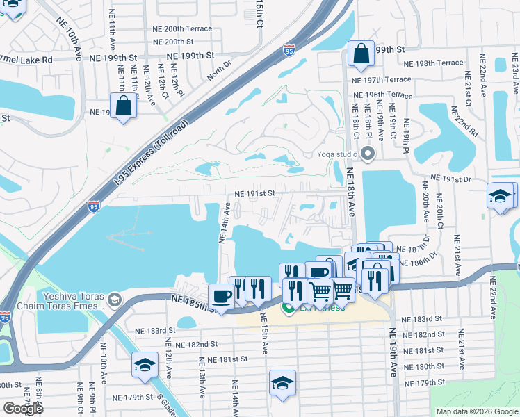 map of restaurants, bars, coffee shops, grocery stores, and more near 1540 Northeast 191st Street in Miami