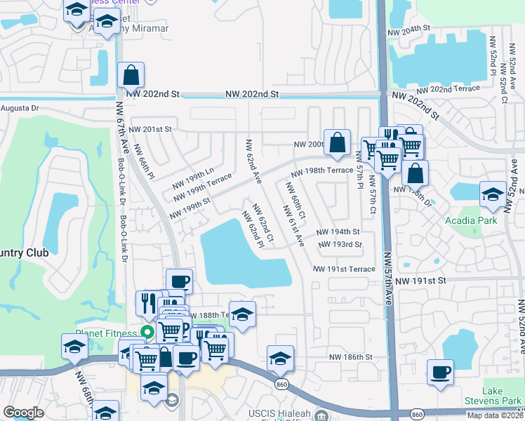 map of restaurants, bars, coffee shops, grocery stores, and more near 19643 Northwest 62nd Place in Hialeah